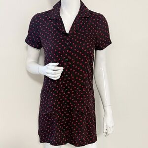 Reformation Black Short Sleeve Button Down Mini Dress w Red Heart Pattern